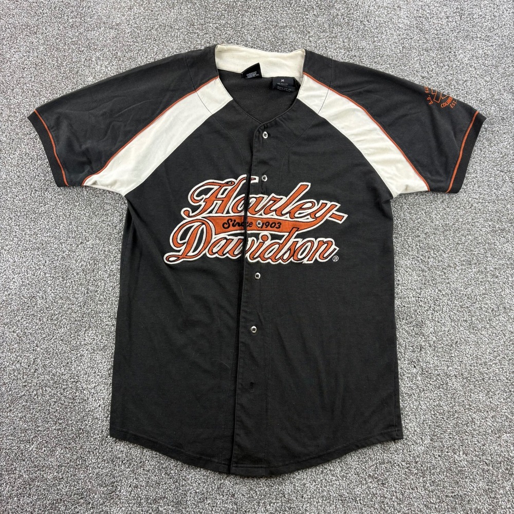 Vintage Harley Davidson Baseball Jersey Mens M Black Cotton Biker Embroidered